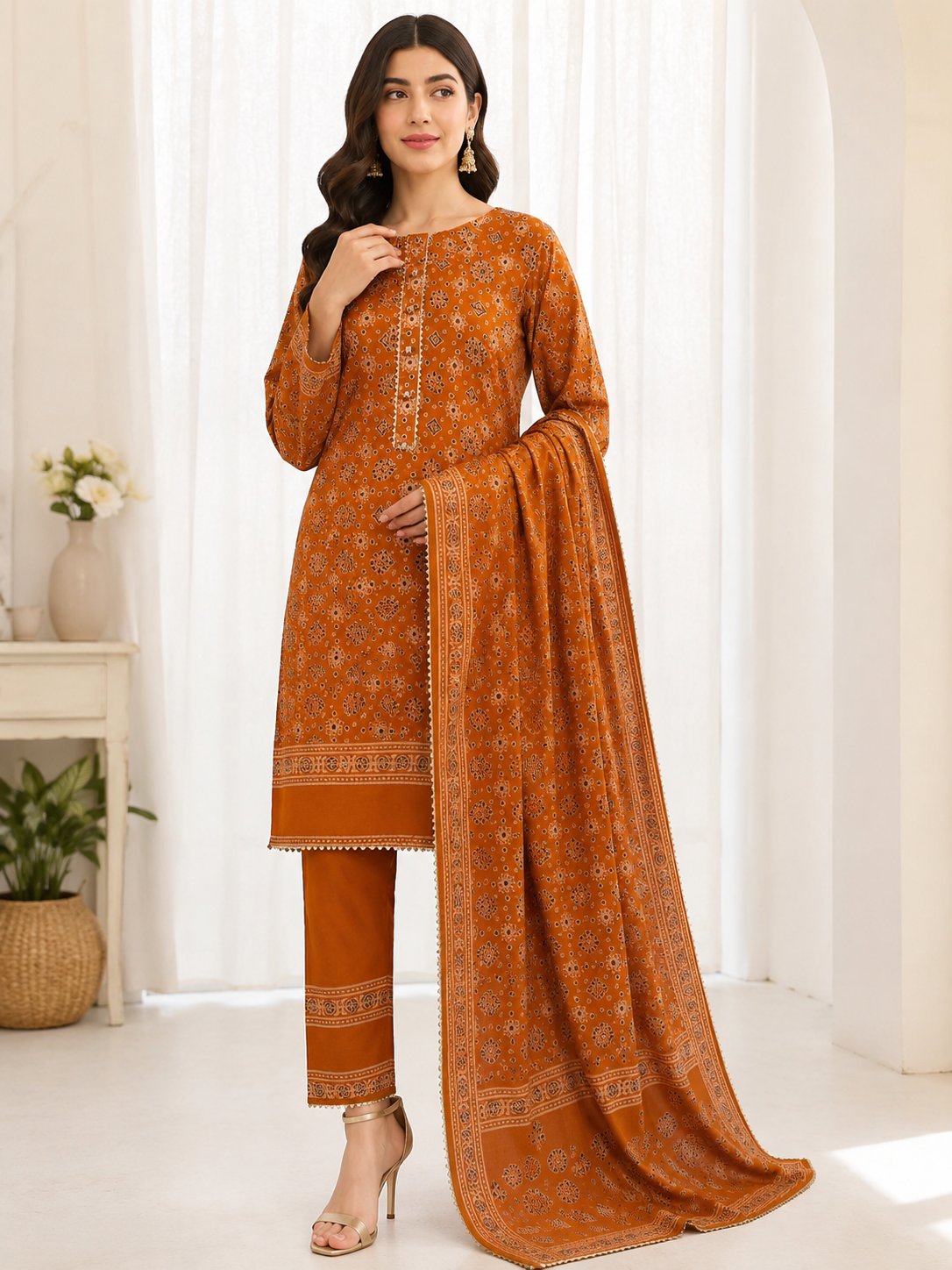 Rust Block Print Semi Formal Pure Lawn 3-Piece Suit
