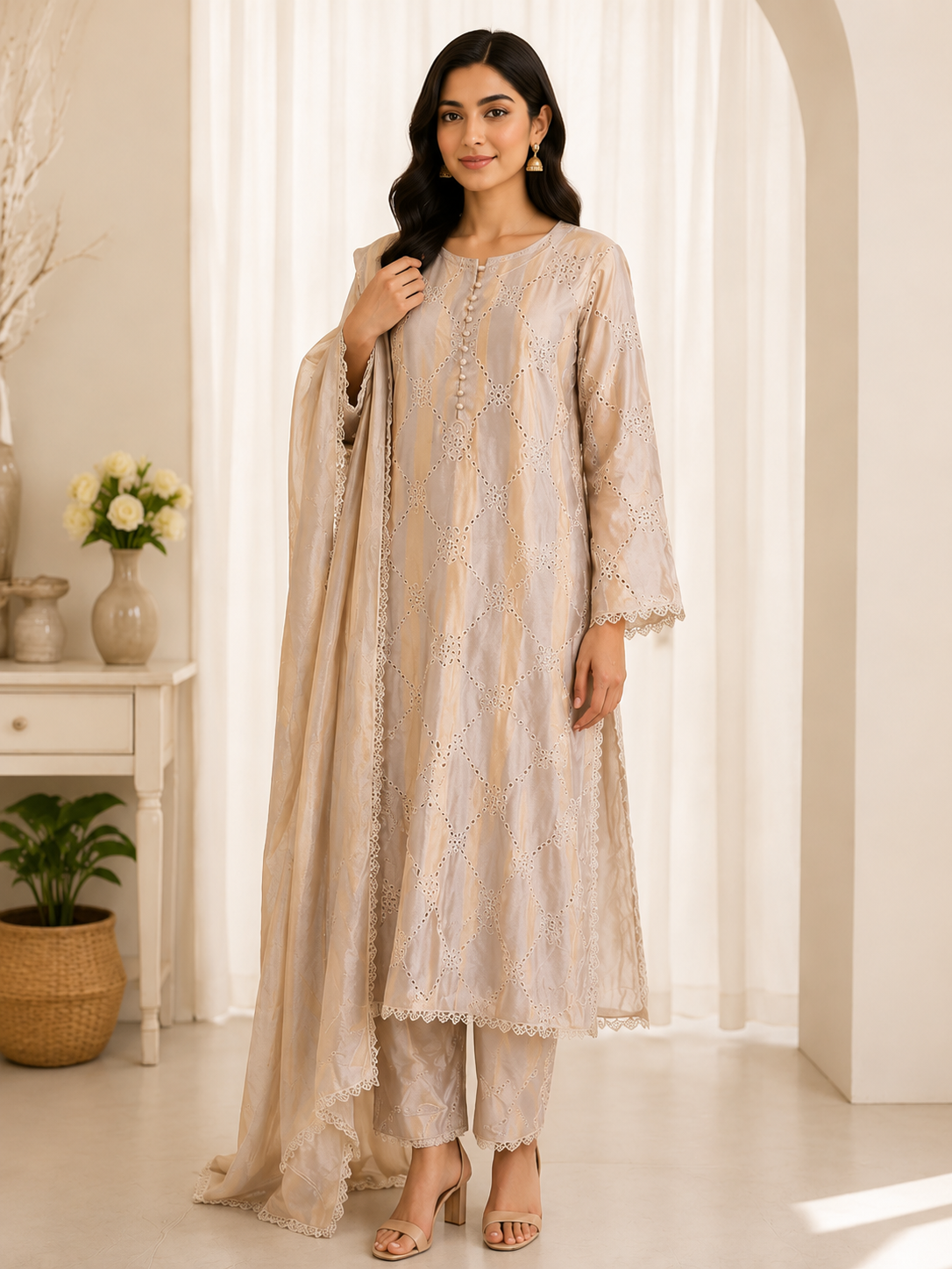 Ivory Pure Sheesha Silk Semi Formal 3-Piece Suit