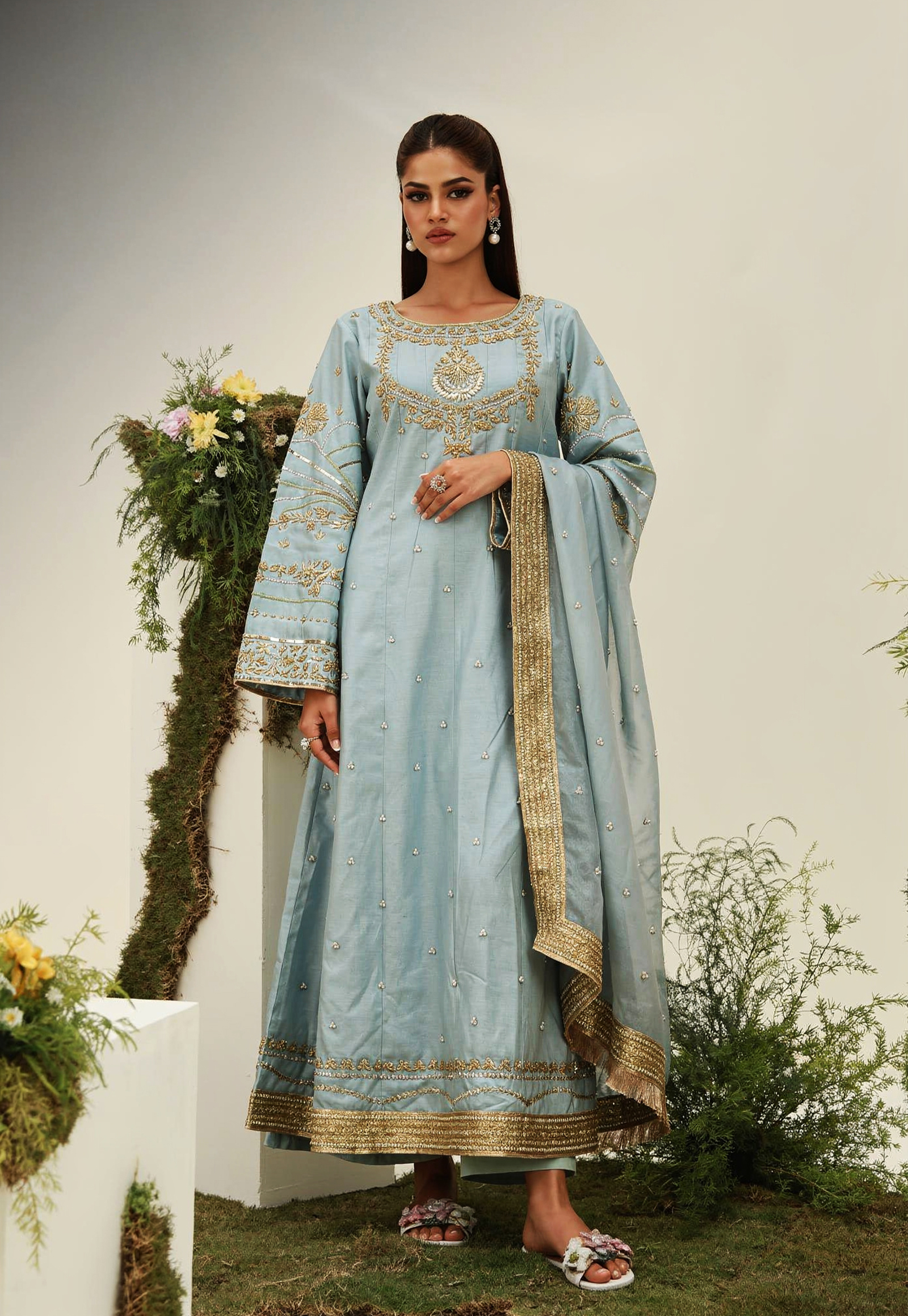 Sky Blue Embroidered Long Frock | SC-162 Summer Couture 2026
