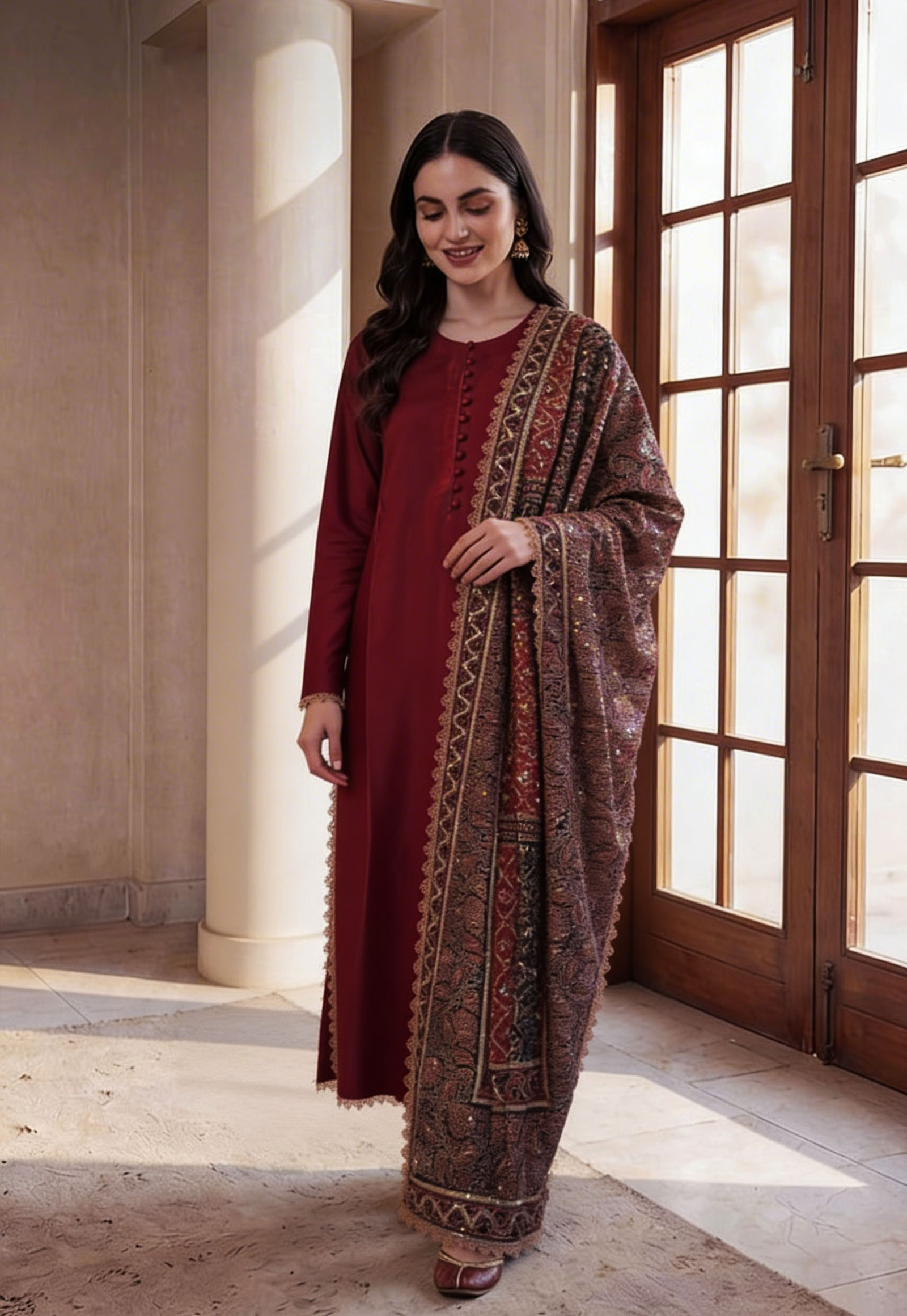 Solid Outfit with Handcrafted Ajrak Block Print Shawl | SC-185 Summer Couture 2026