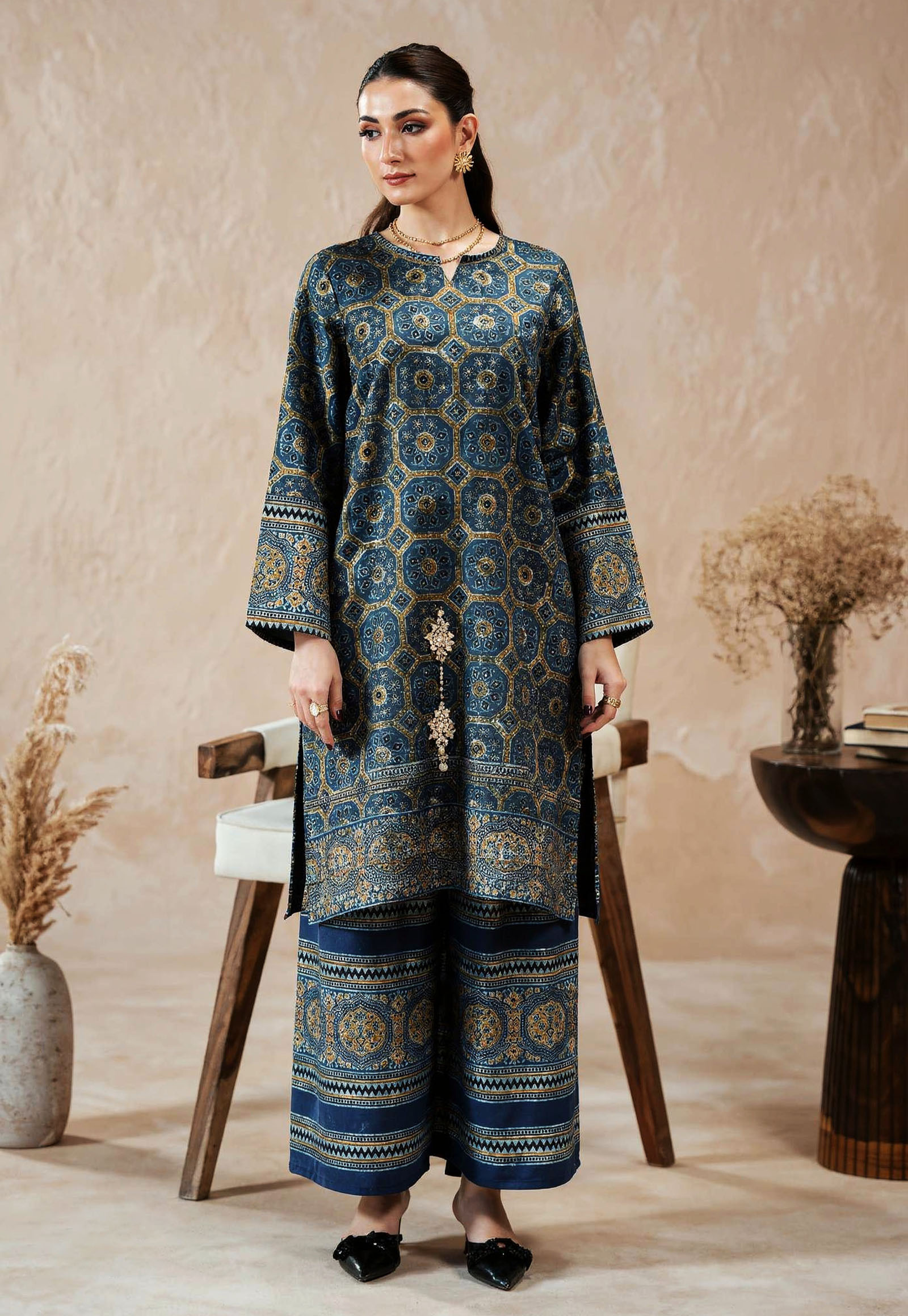 Korean Charmeuse Silk Ajrak Suit AJDUP061 | Kundan Buttons