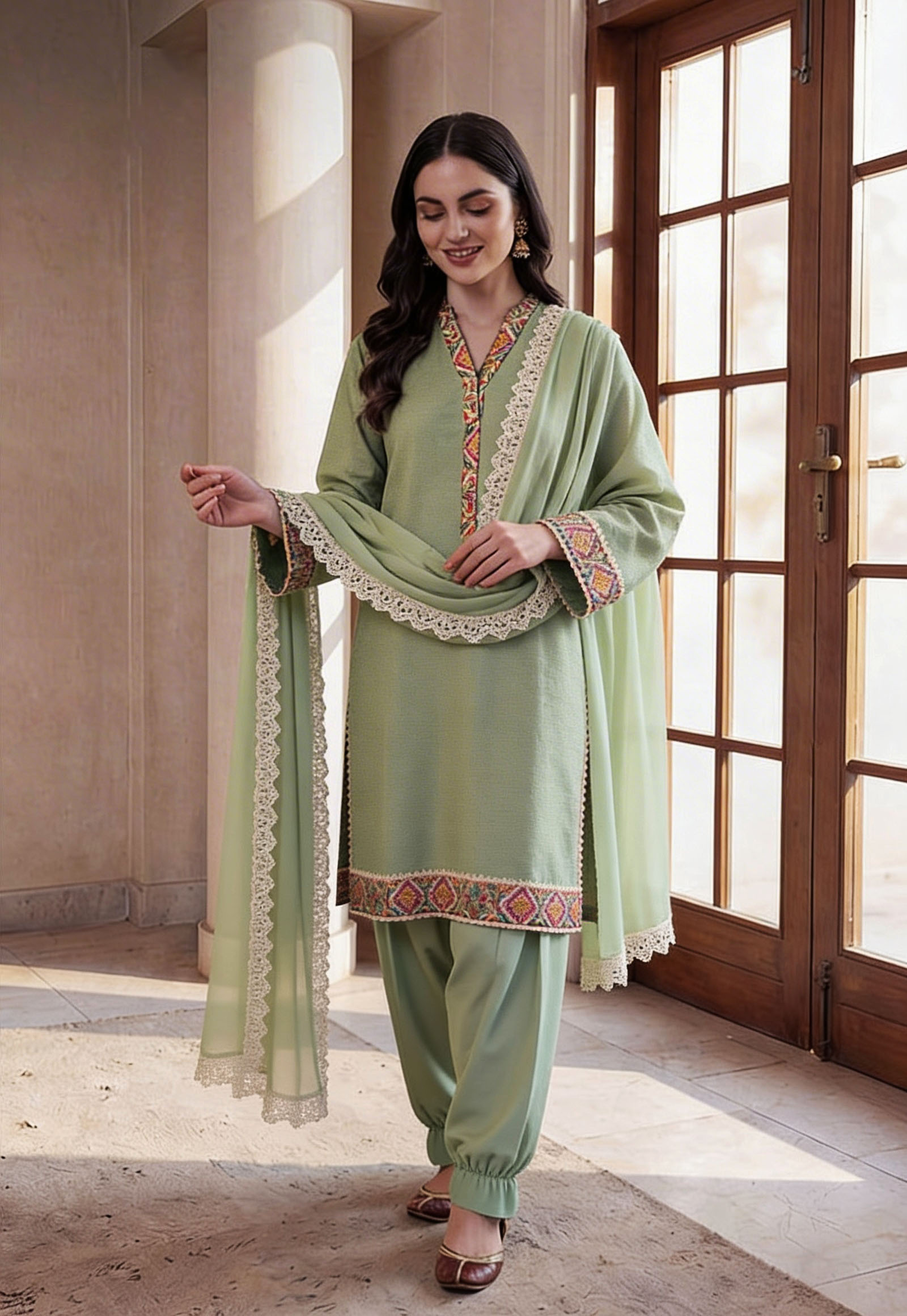Olive Green Silk 3 Piece Embroidered Suit | SC-184 Summer Couture 2026