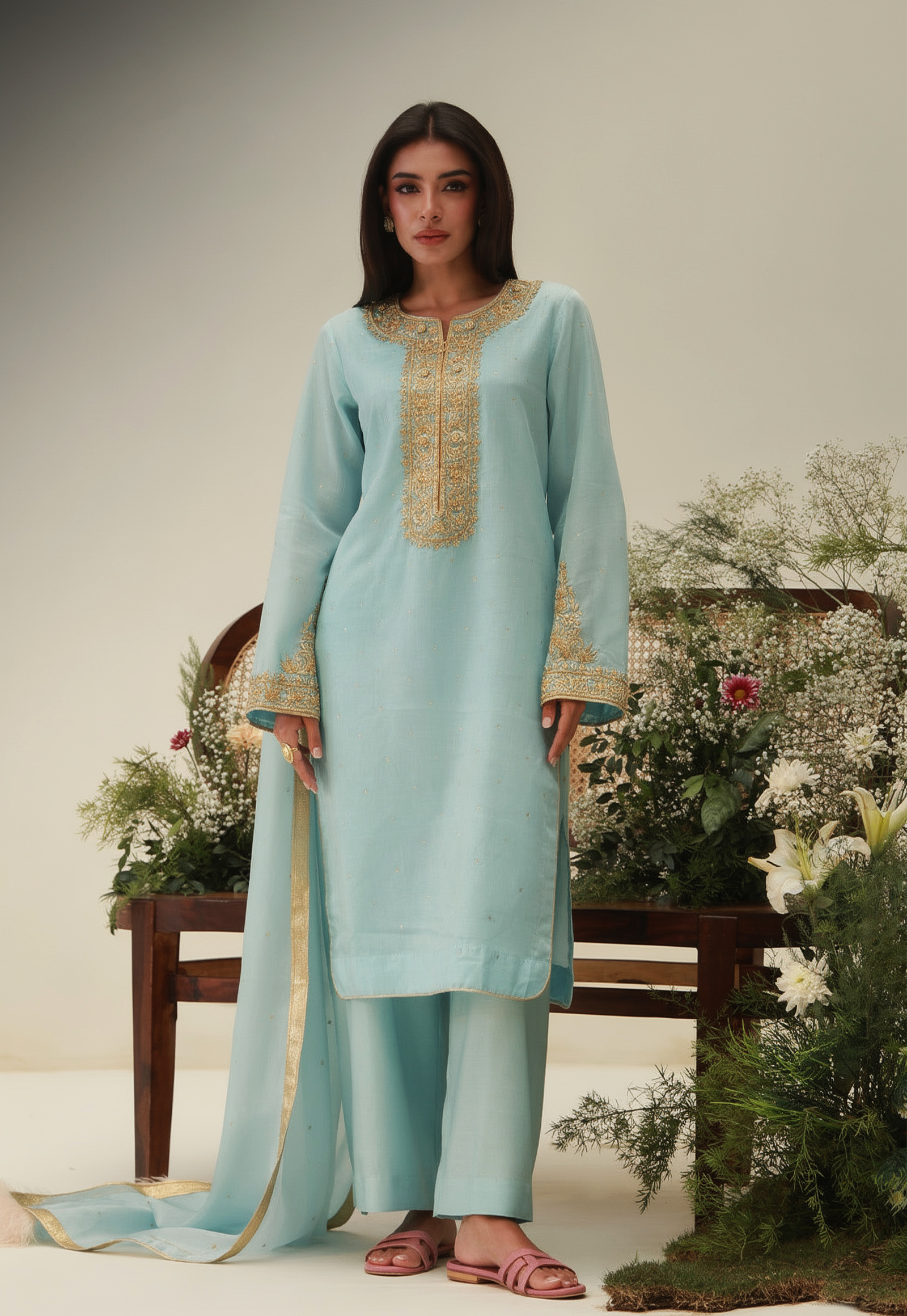Sky Blue Gold Embroidered 3 Piece Suit | SC-160 Summer Couture 2026