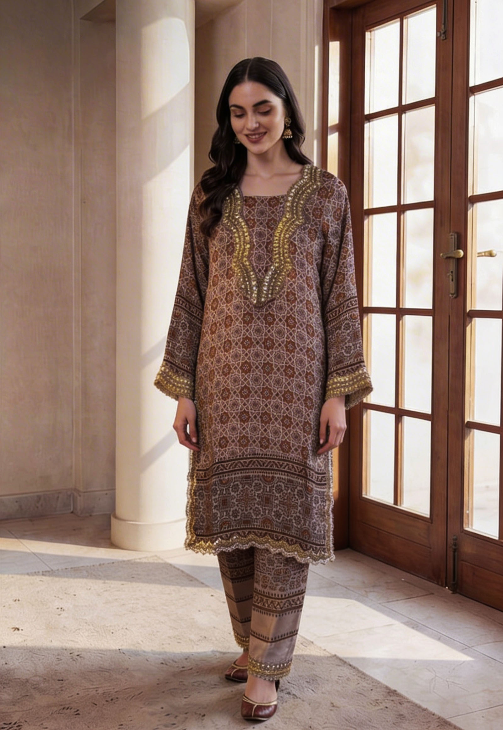 Earth Tone Block Print 3 Piece Suit with Heavy Gold Neckline | SC-183 Summer Couture 2026
