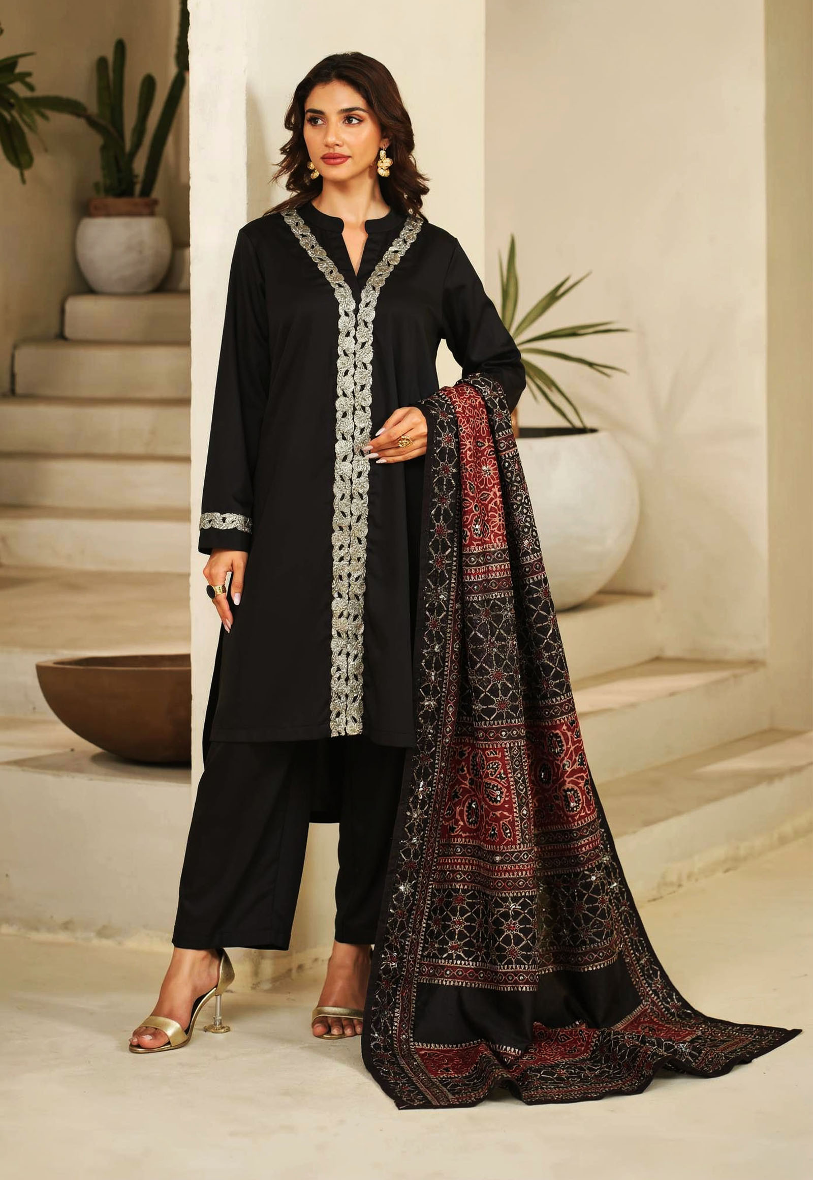 Butter Silk Outfit with Korean Charmeuse Ajrak Mukesh Shawl