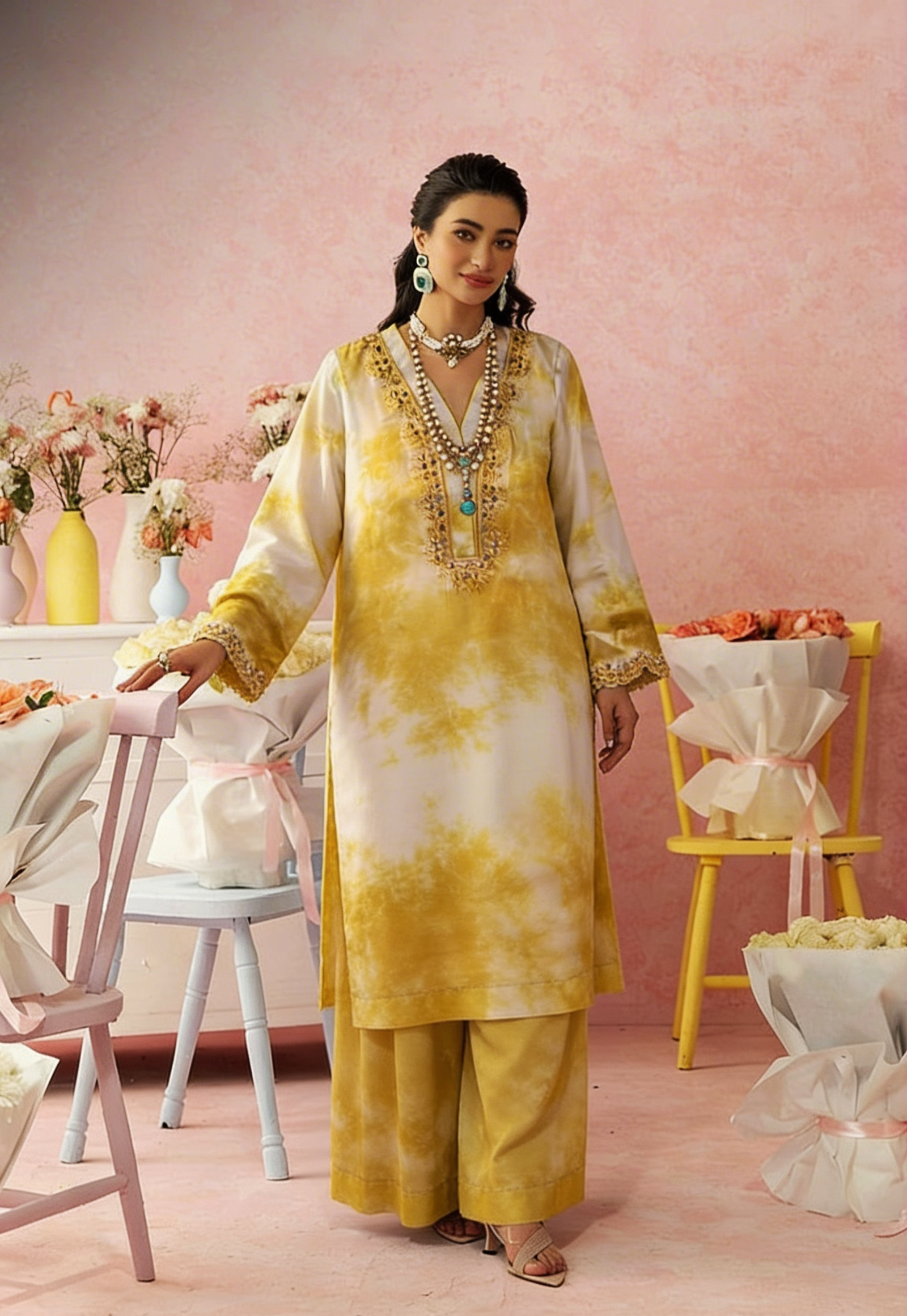 Yellow Tie-Dye 3 Piece Suit with Mirror Work | SC-146 Summer Couture 2026