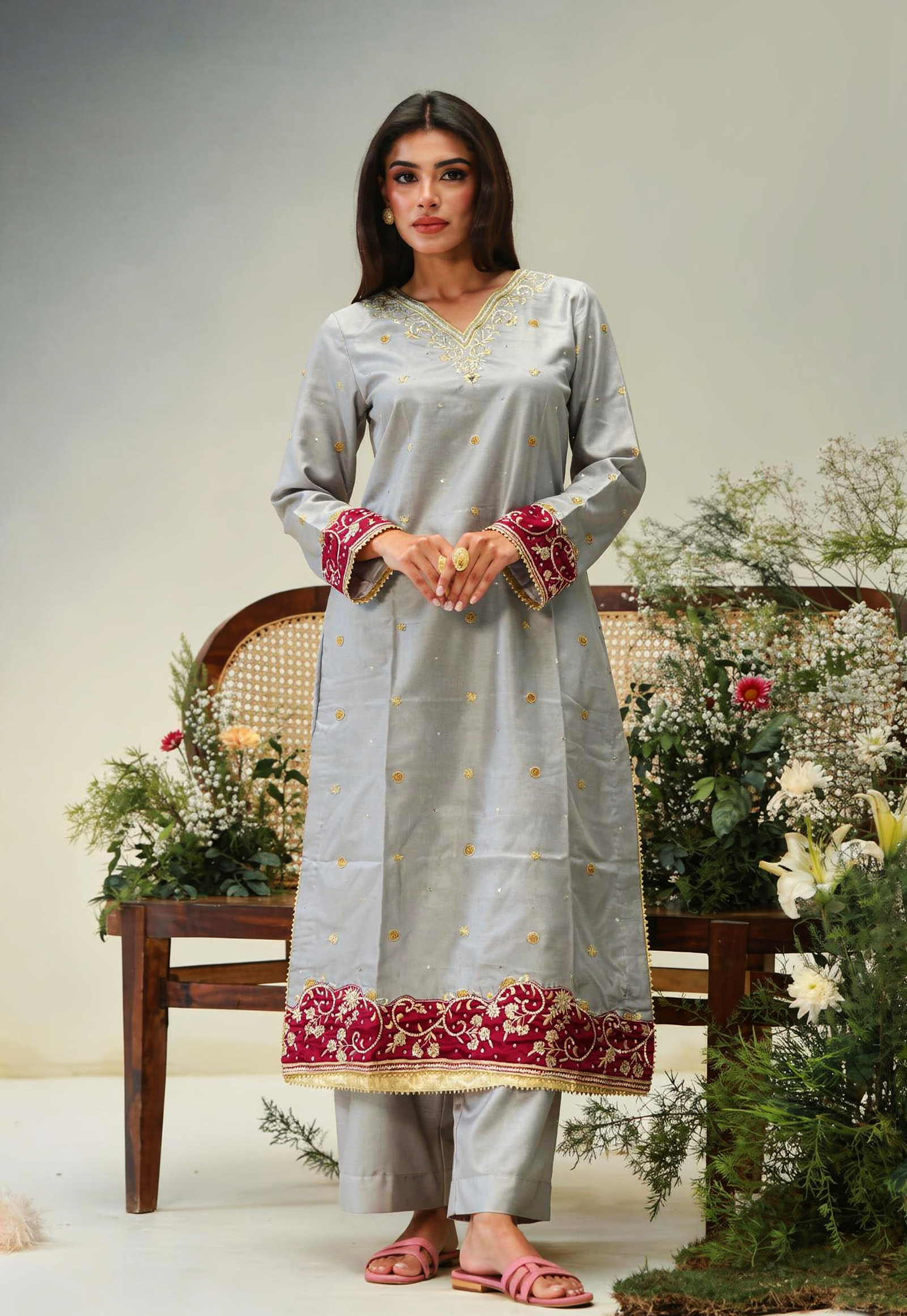 Grey Embroidered 3 Piece Suit with Plum Accents | SC-157 Summer Couture 2026
