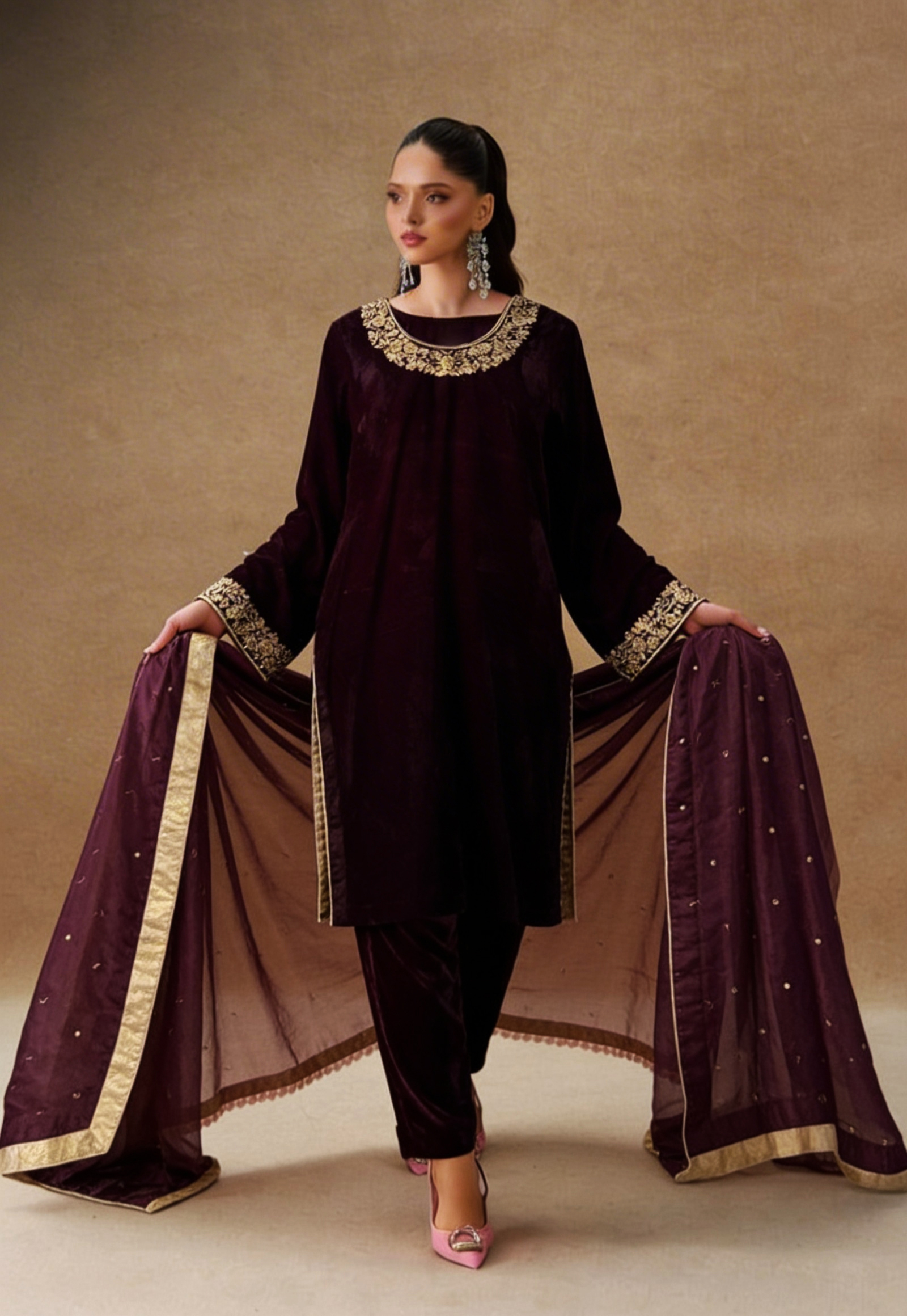 Maroon Velvet 3 Piece Suit with Gold Hand Embroidery | SC-143 Summer Couture 2026