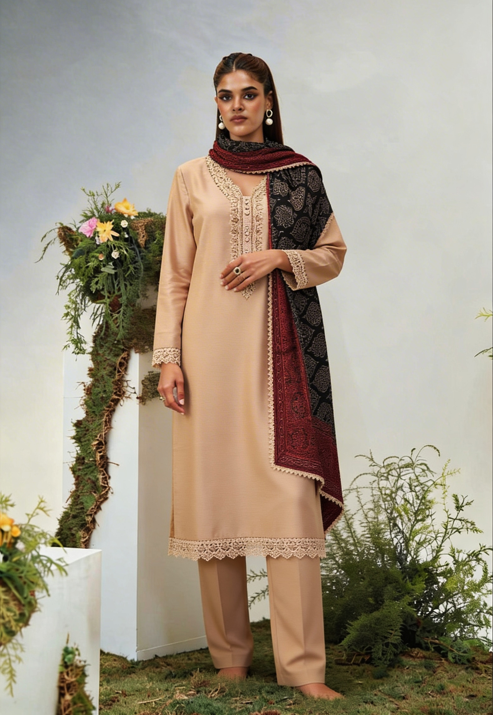 Peach 3 Piece Outfit with Ajrak Shawl | SC-154 Summer Couture 2026