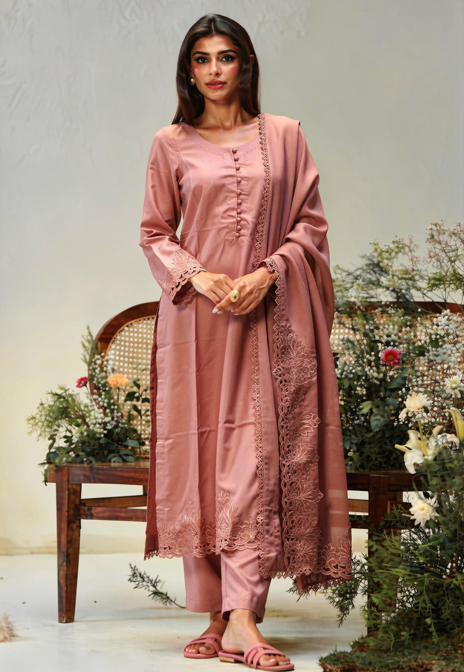 Rose Gold 3 Piece Suit with Floral Cutwork Sleeves | SC-152 Summer Couture 2026