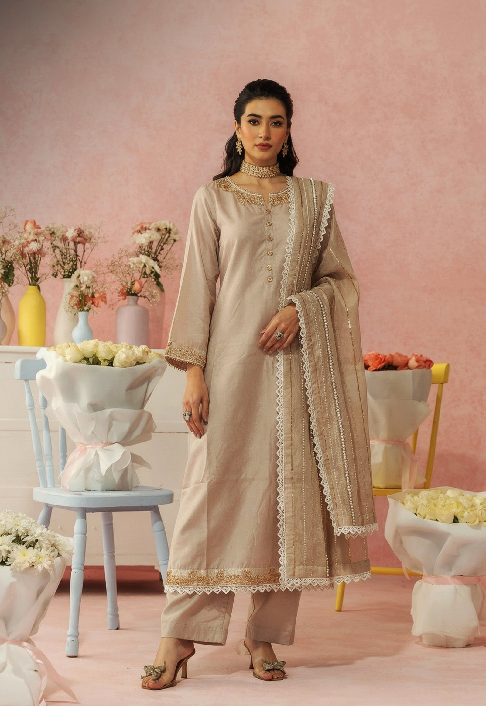 Beige Peach 3 Piece Suit with Pearl & Gold Detailing | SC-150 Summer Couture 2026