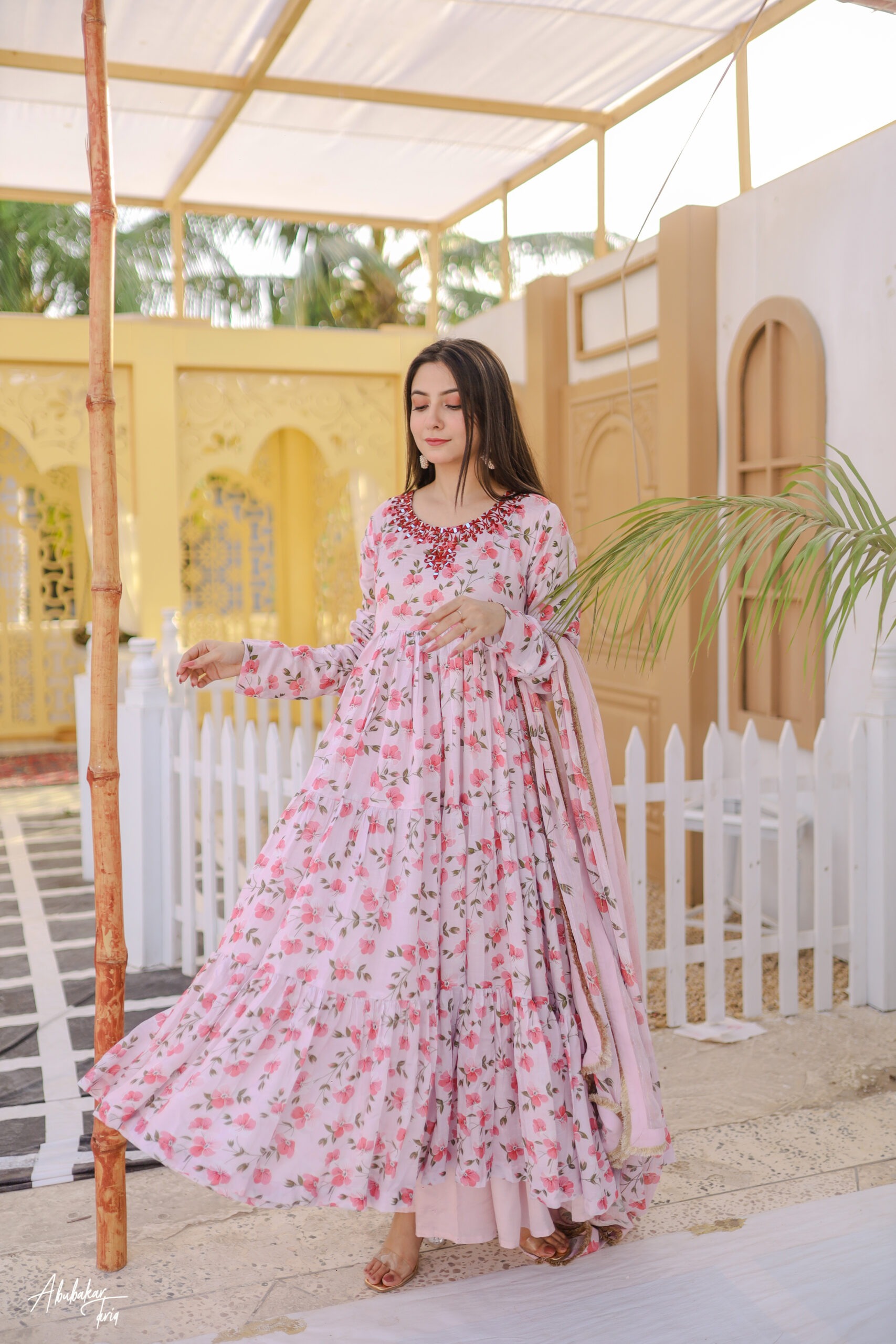 Tabeer Raw Silk Kalidaar Anarkali 3 Piece Outfit | Mirror Work Dress - Image 9
