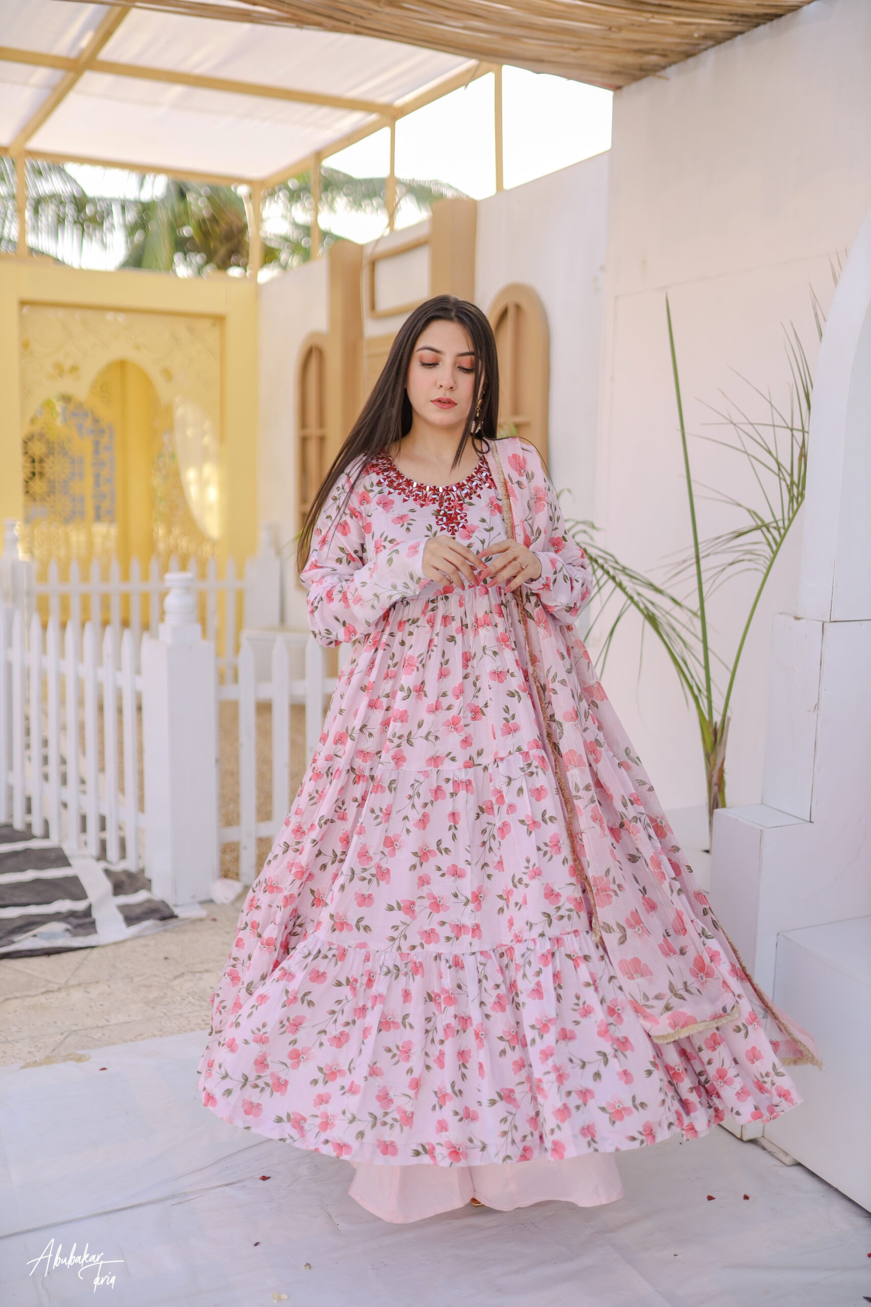 Tabeer Raw Silk Kalidaar Anarkali 3 Piece Outfit | Mirror Work Dress - Image 8