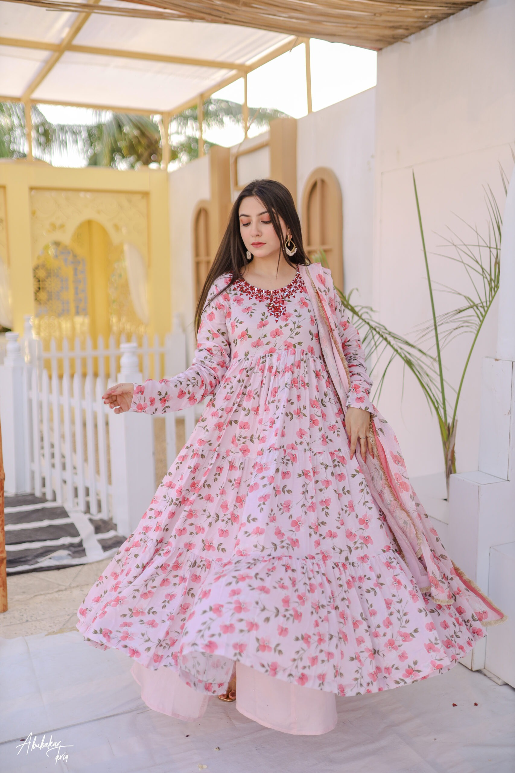 Tabeer Raw Silk Kalidaar Anarkali 3 Piece Outfit | Mirror Work Dress - Image 7