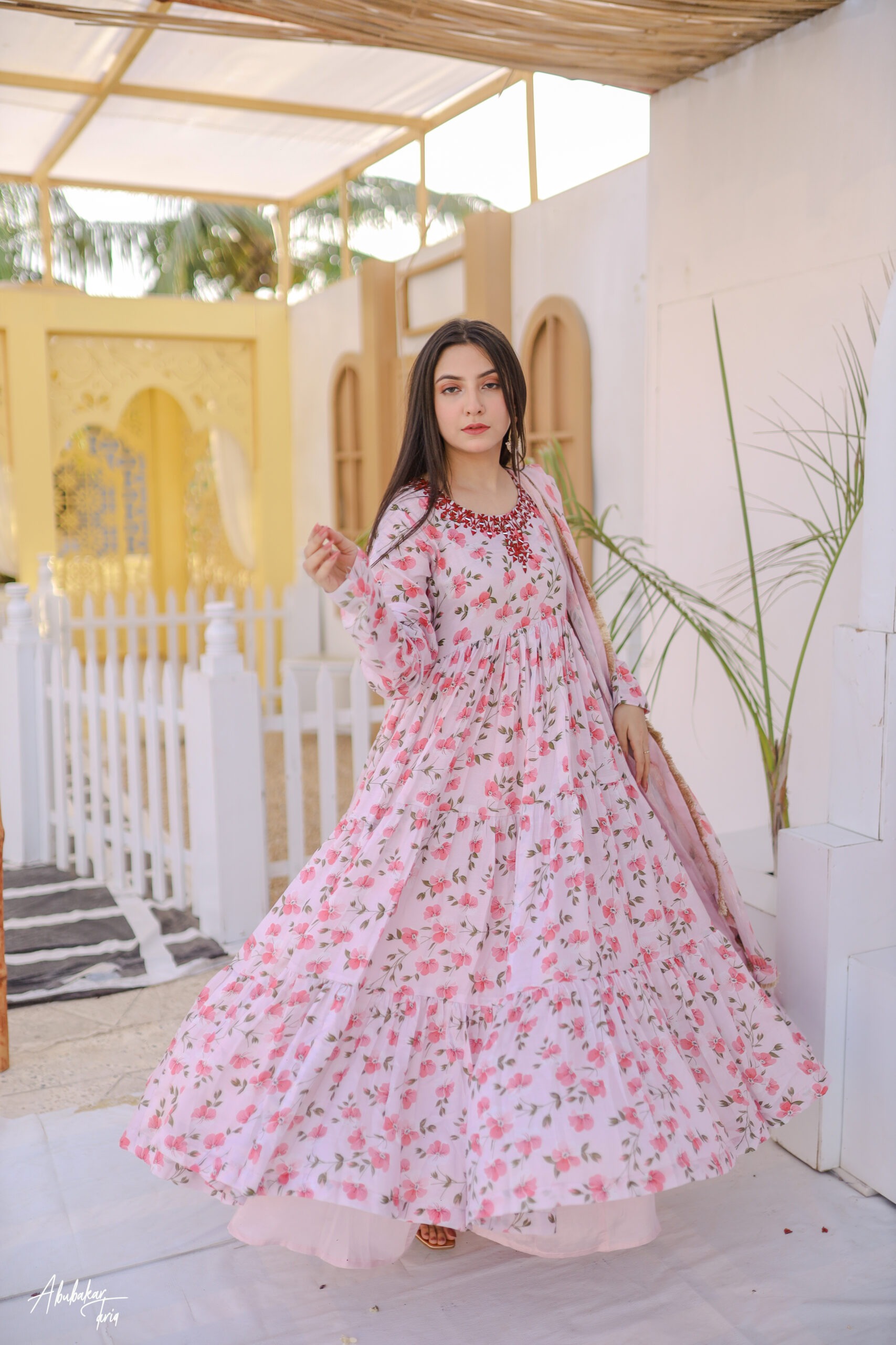 Tabeer Raw Silk Kalidaar Anarkali 3 Piece Outfit | Mirror Work Dress - Image 6