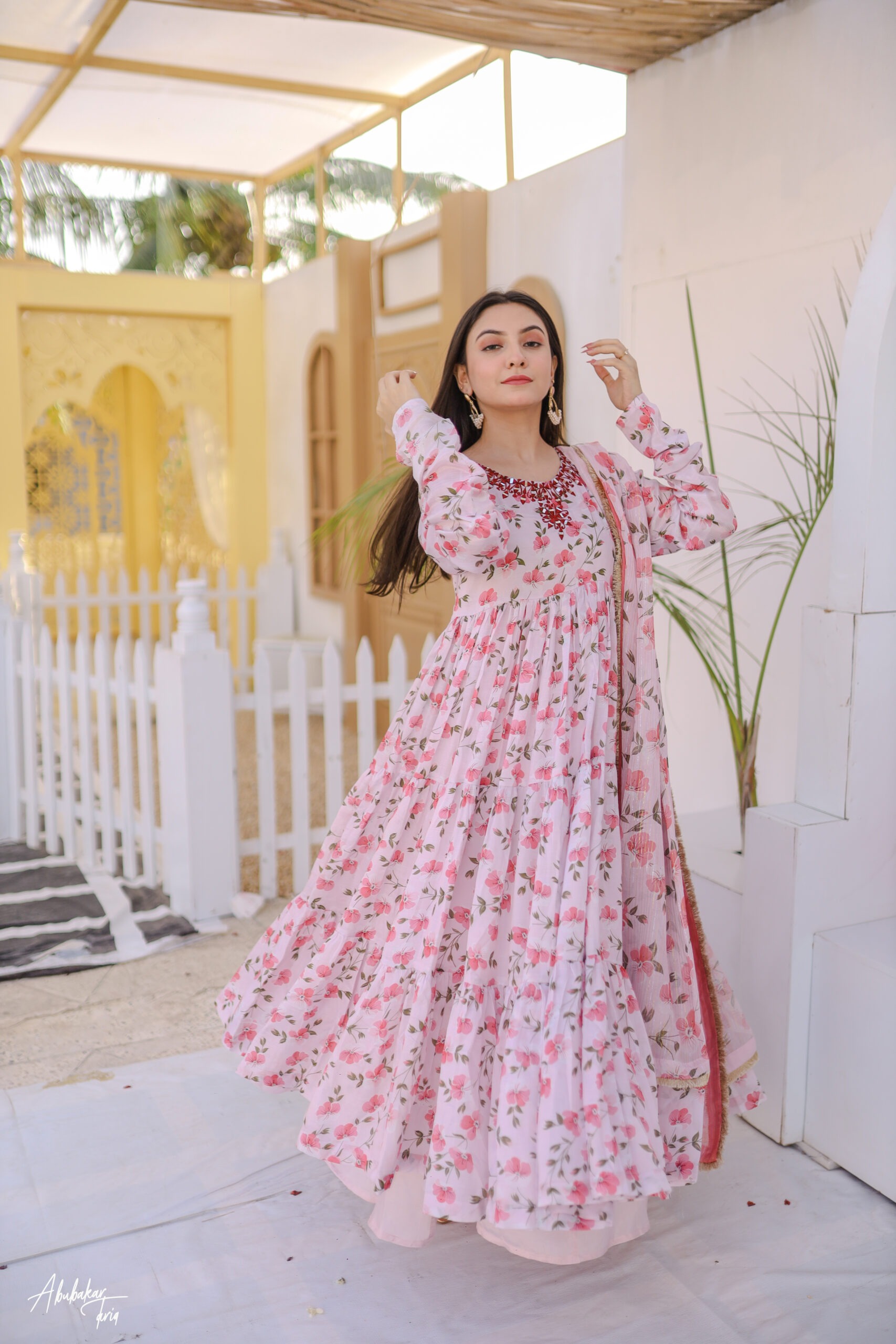 Tabeer Raw Silk Kalidaar Anarkali 3 Piece Outfit | Mirror Work Dress - Image 5