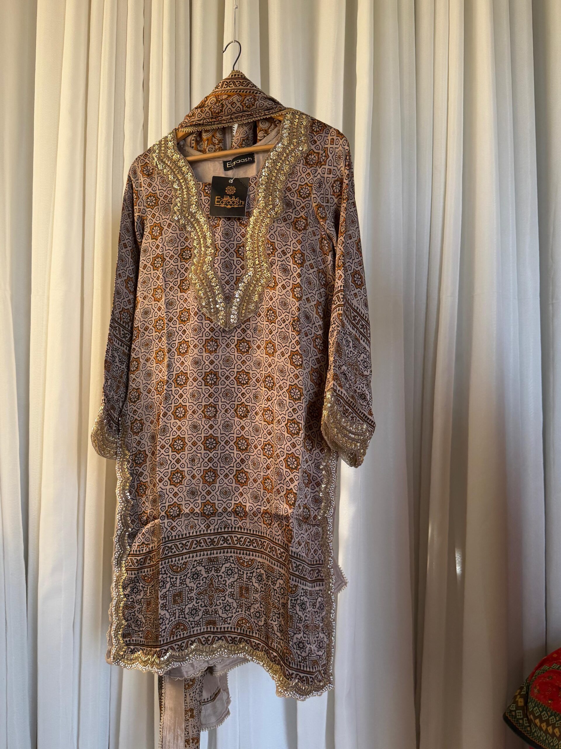 Earth Tone Block Print 3 Piece Suit with Heavy Gold Neckline | SC-183 Summer Couture 2026 - Image 6