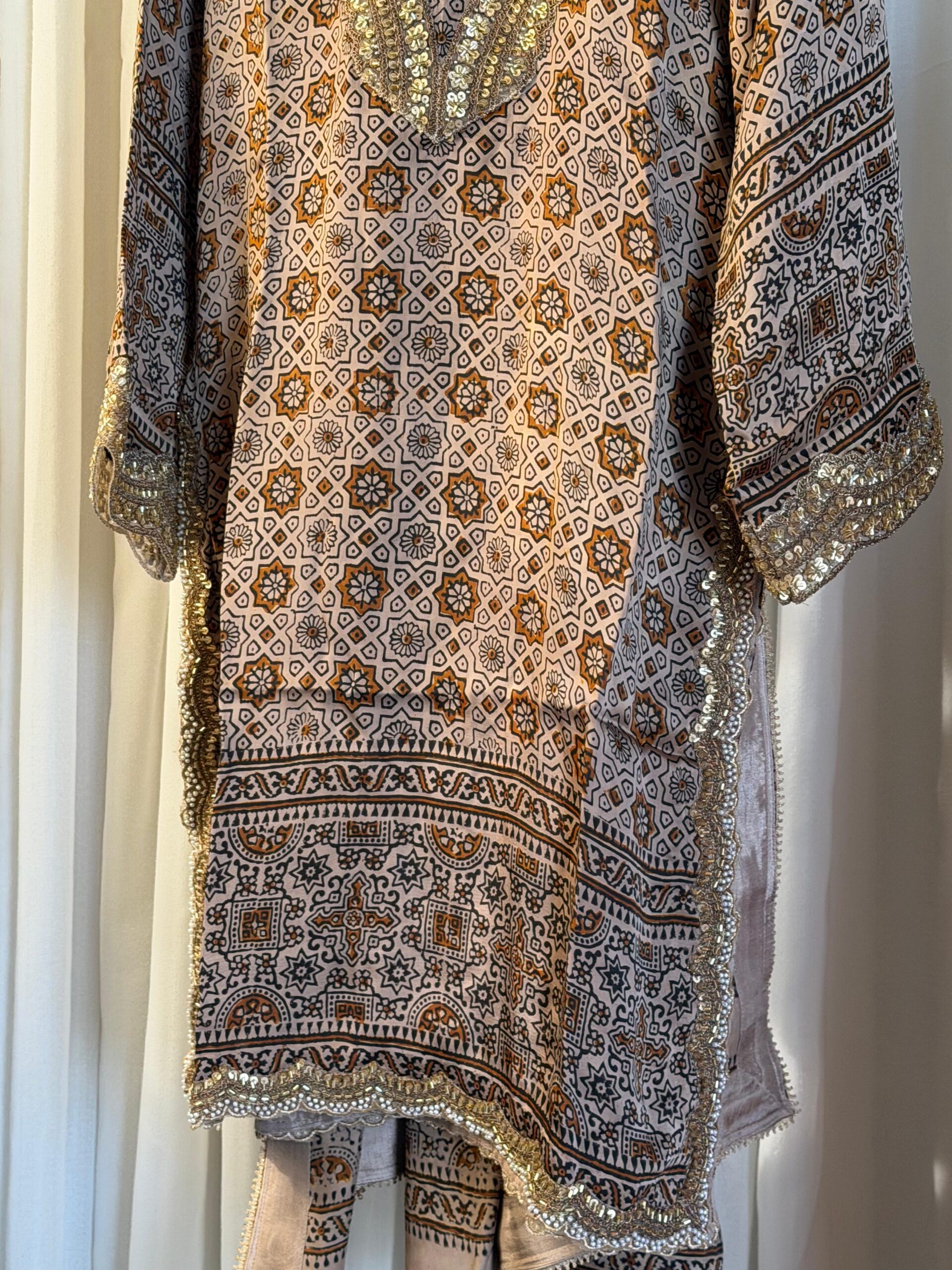Earth Tone Block Print 3 Piece Suit with Heavy Gold Neckline | SC-183 Summer Couture 2026 - Image 5