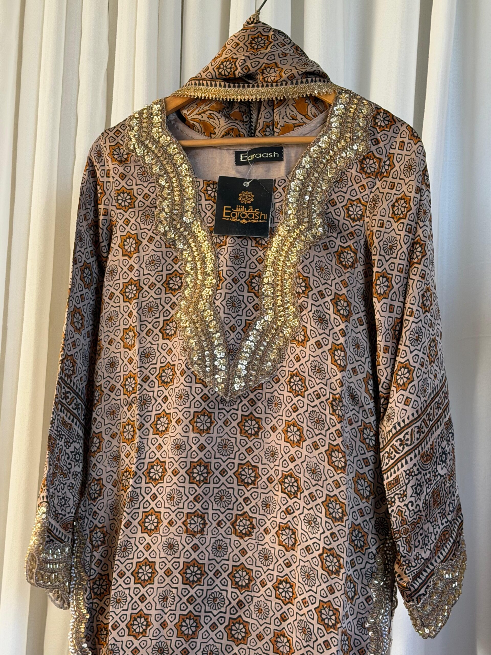 Earth Tone Block Print 3 Piece Suit with Heavy Gold Neckline | SC-183 Summer Couture 2026 - Image 2