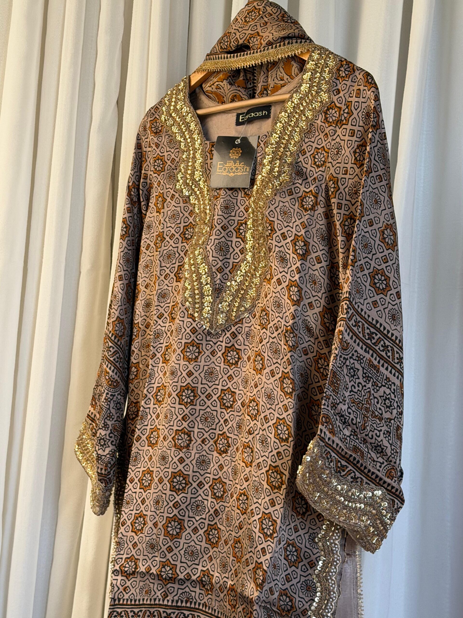 Earth Tone Block Print 3 Piece Suit with Heavy Gold Neckline | SC-183 Summer Couture 2026 - Image 4