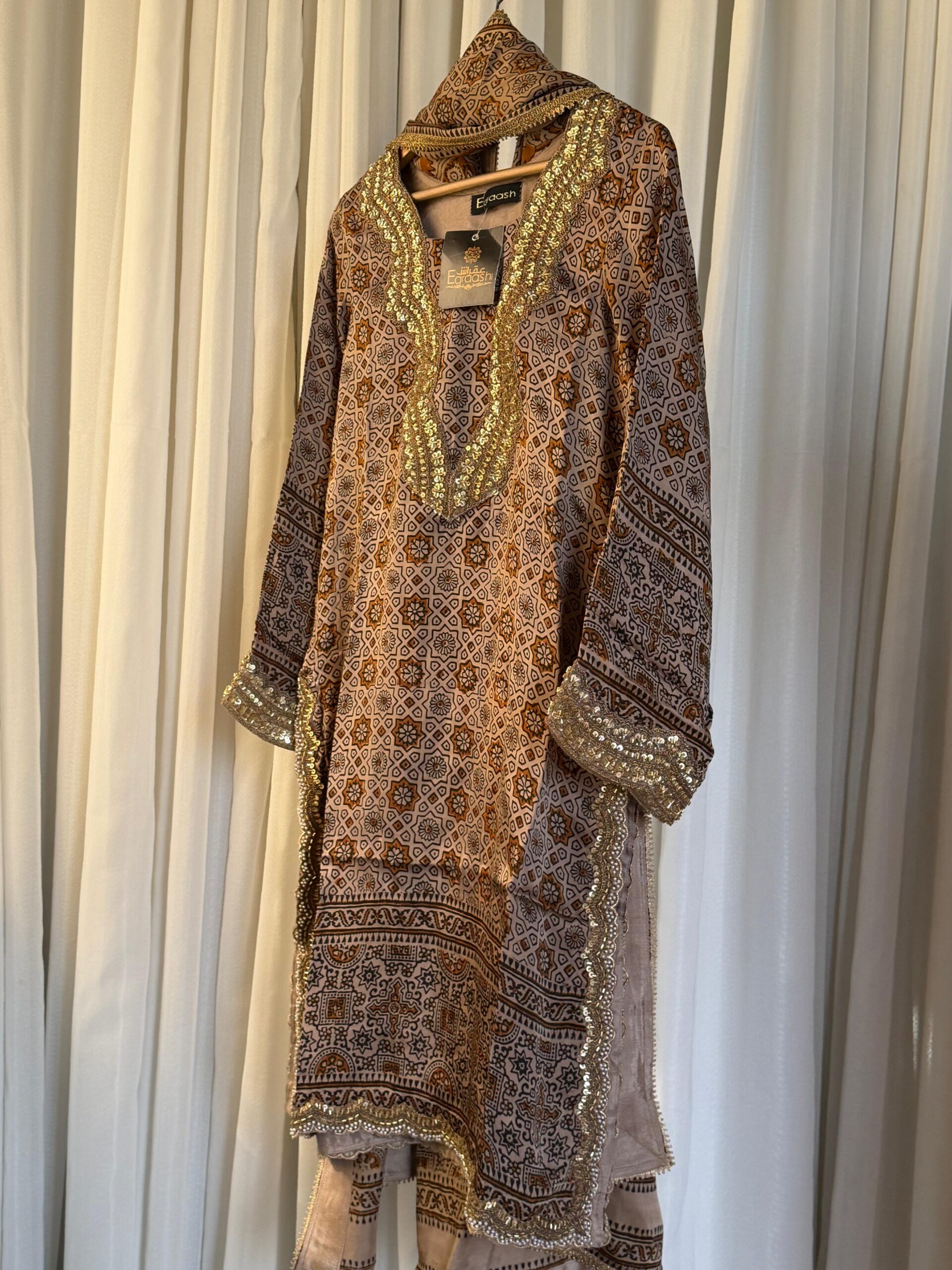 Earth Tone Block Print 3 Piece Suit with Heavy Gold Neckline | SC-183 Summer Couture 2026 - Image 3