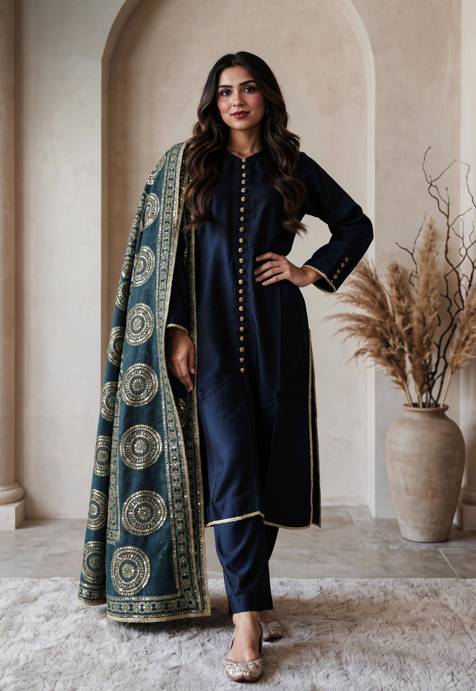 Solid 3 Piece Lawn Outfit with Handcrafted Ajrak Shawl