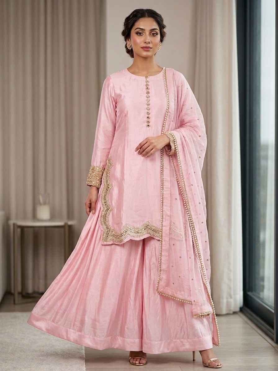 Embellished Buttersilk Suit with Handcrafted Mukesh Dupatta