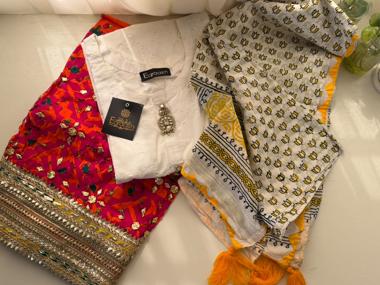 3-Piece Handcrafted Lawn Suit – Pure Chikan Shirt, Block Print Aplic Dupatta & Acrylic Lawn Shalwar CDS003 - Image 2