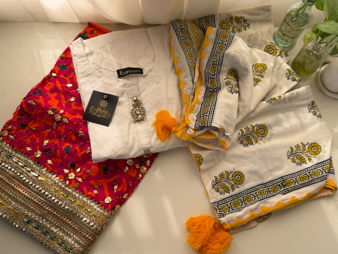 3-Piece Handcrafted Lawn Suit – Pure Chikan Shirt, Block Print Aplic Dupatta & Acrylic Lawn Shalwar CDS003