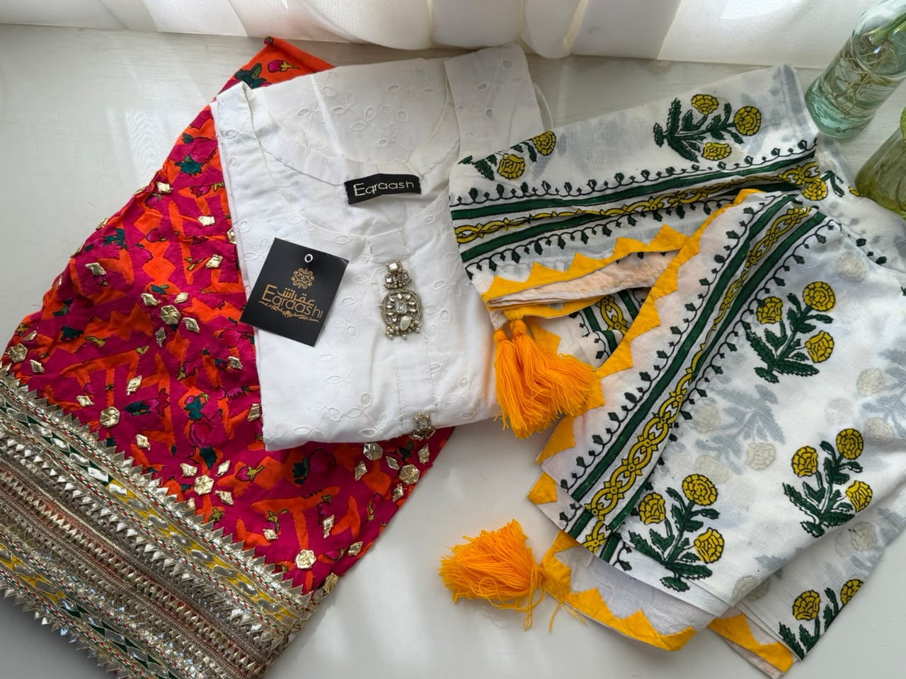 3-Piece Handcrafted Lawn Suit – Pure Chikan Shirt, Block Print Aplic Dupatta & Acrylic Lawn Shalwar CDS003 - Image 4