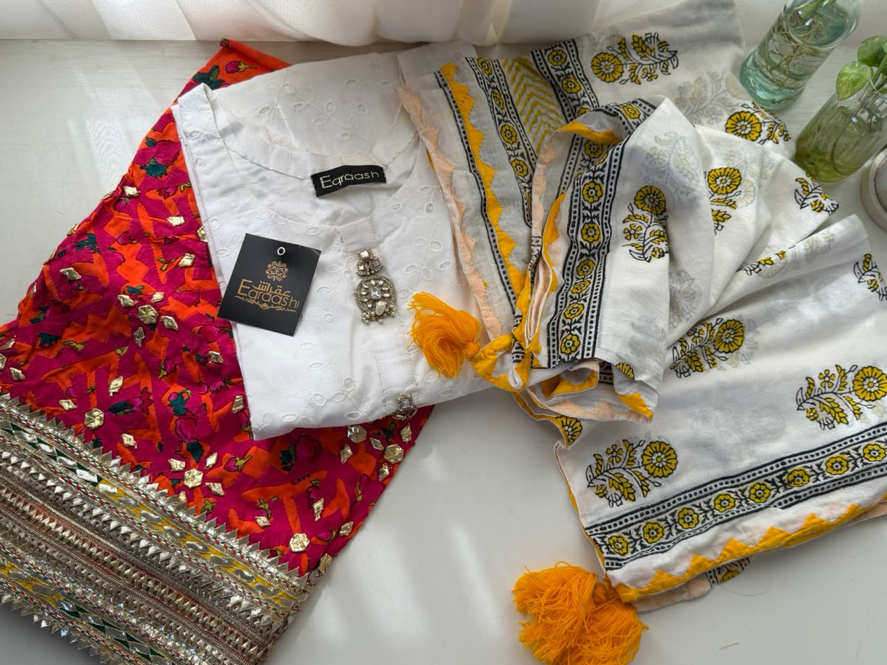 3-Piece Handcrafted Lawn Suit – Pure Chikan Shirt, Block Print Aplic Dupatta & Acrylic Lawn Shalwar CDS003 - Image 3